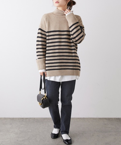 PUAL CE CIN（ピュアルセシン）の「パネルボーダーハイネックニットプルオーバー（ニット/セーター・レディース・ホワイト系/ベージュ系・FREE）」の7枚目の写真