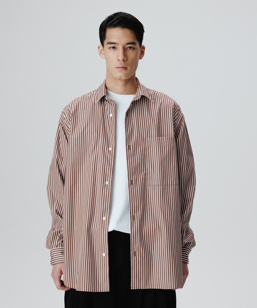ADAM ET ROPE'（アダムエロペ）の「カラーストライプ ビッグシルエット レギュラーカラー シャツ/ロングシーズン着用可能（シャツ/ブラウス・メンズ・ブラウン/ライトグリーン・M/L）」の3枚目の写真