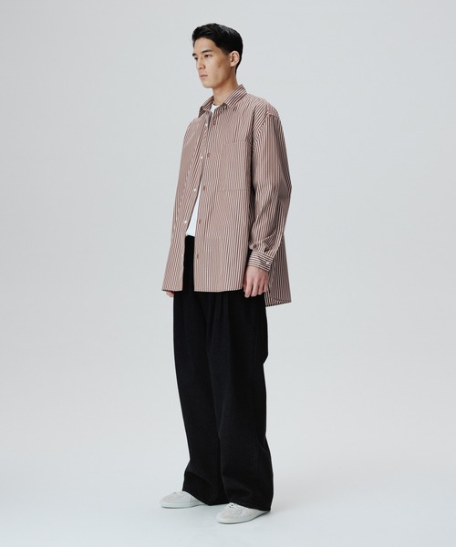 ADAM ET ROPE'（アダムエロペ）の「カラーストライプ ビッグシルエット レギュラーカラー シャツ/ロングシーズン着用可能（シャツ/ブラウス・メンズ・ブラウン/ライトグリーン・M/L）」の14枚目の写真