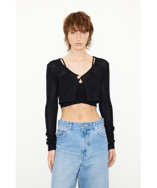 THROW by SLY（スローバイスライ）の「THROW TAPE YARN CROP ARM C/D テープヤーン クロップド丈 ショート丈 カーディガン シアー（カーディガン/ボレロ・レディース・ブラック/クリアレッド・FREE）」の4枚目の写真