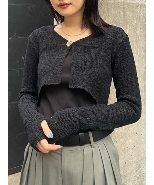 THROW by SLY（スローバイスライ）の「THROW TAPE YARN CROP ARM C/D テープヤーン クロップド丈 ショート丈 カーディガン シアー（カーディガン/ボレロ・レディース・ブラック/クリアレッド・FREE）」の14枚目の写真