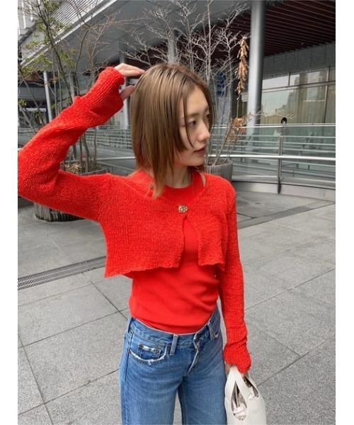 THROW by SLY（スローバイスライ）の「THROW TAPE YARN CROP ARM C/D テープヤーン クロップド丈 ショート丈 カーディガン シアー（カーディガン/ボレロ・レディース・ブラック/クリアレッド・FREE）」の17枚目の写真