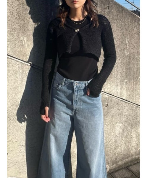 THROW by SLY（スローバイスライ）の「THROW TAPE YARN CROP ARM C/D テープヤーン クロップド丈 ショート丈 カーディガン シアー（カーディガン/ボレロ・レディース・ブラック/クリアレッド・FREE）」の21枚目の写真