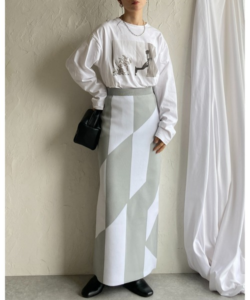 She's Closet(シーズクローゼット)の「ジャガード柄幾何学ハイウエストスリットニットロングタイトナロースカート(スカート・レディース・グリーン/ブラック/グレー/ベージュ/チャコール・FREE)」の8枚目の写真