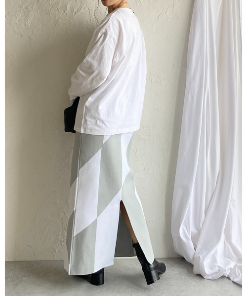 She's Closet(シーズクローゼット)の「ジャガード柄幾何学ハイウエストスリットニットロングタイトナロースカート(スカート・レディース・グリーン/ブラック/グレー/ベージュ/チャコール・FREE)」の9枚目の写真