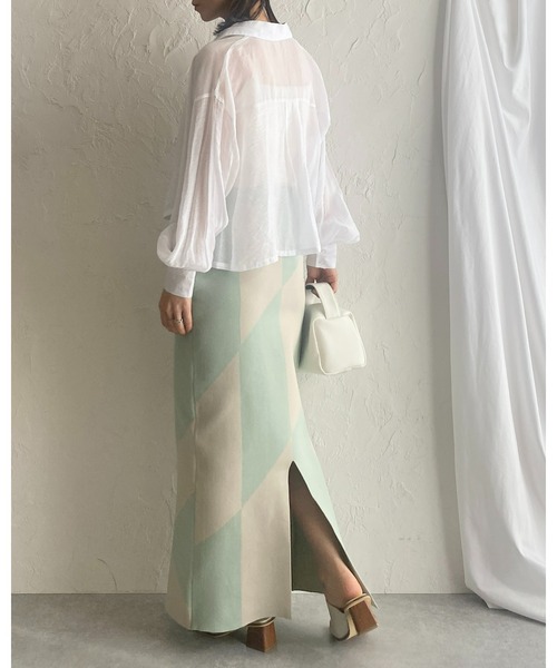 She's Closet(シーズクローゼット)の「ジャガード柄幾何学ハイウエストスリットニットロングタイトナロースカート(スカート・レディース・グリーン/ブラック/グレー/ベージュ/チャコール・FREE)」の14枚目の写真