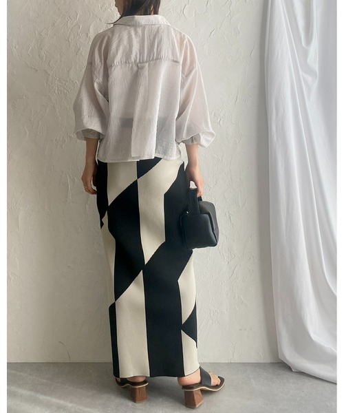 She's Closet(シーズクローゼット)の「ジャガード柄幾何学ハイウエストスリットニットロングタイトナロースカート(スカート・レディース・グリーン/ブラック/グレー/ベージュ/チャコール・FREE)」の19枚目の写真