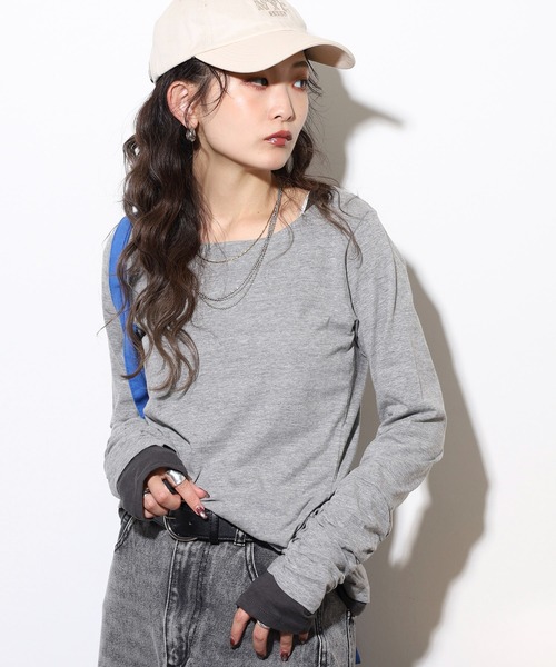 atONE(アットワン)の「atONE フェイクレイヤードロングTシャツ(Tシャツ/カットソー・レディース・ブルーグリーン/カーキ/チャコールグレー/杢グレー/モカ/ネイビー/ロイヤルブルー/ワインレッド/ホワイト/ブラック・LL/L/4L/3L/M)」の16枚目の写真
