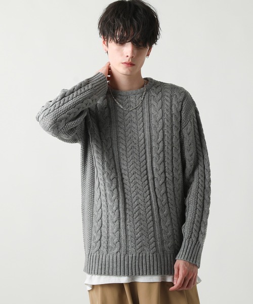 セール】セミワイドシルエットケーブル編みクルーネックニット（ニット