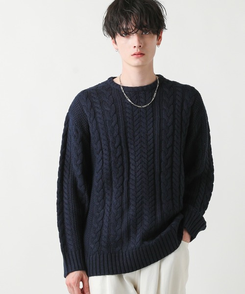 セール】セミワイドシルエットケーブル編みクルーネックニット（ニット