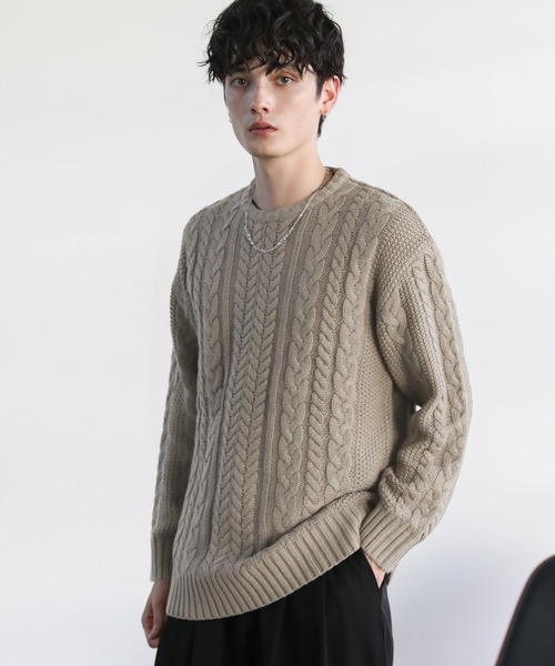 セール】セミワイドシルエットケーブル編みクルーネックニット（ニット