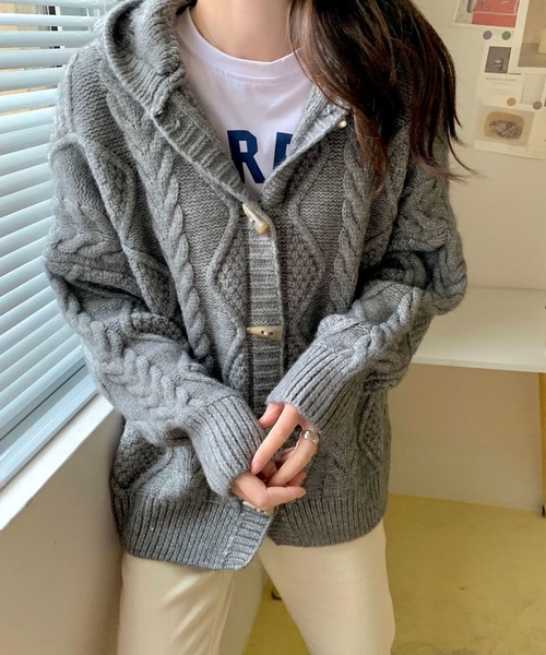 almost ready（オルモストレディー）の「[almost ready]フード付きホーンボタンニットジャケット（ニット/セーター・レディース・レッド/グレー/ブラウン/ホワイト/ブルー/ブラック・FREE）」の12枚目の写真