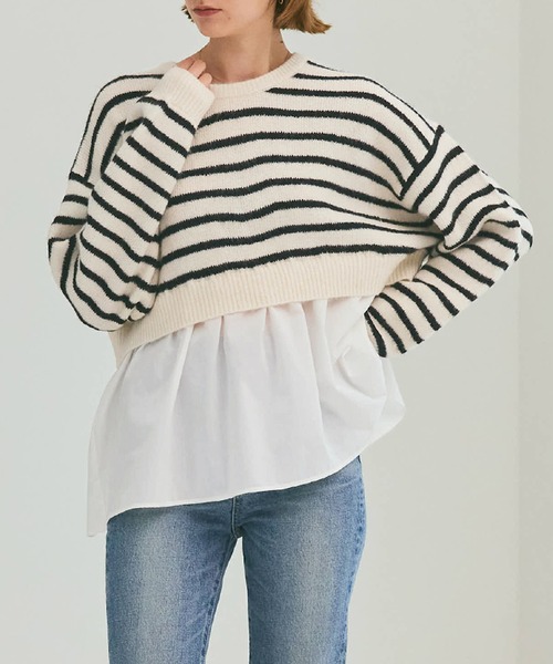 minaperhonen 異素材ジャケット S ツイード ニット ドッキング かほこ。さんコラボ】タートルネックニット異素材ドッキング