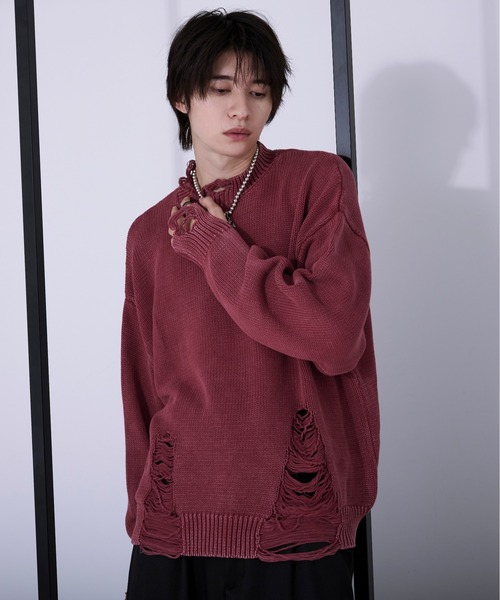 Ellno Loset(エルノロゼット)の「ダメージストーンウォッシュニット/フィンガーホール付き(ニット/セーター・メンズ・ブラック/ライトカーキ/レッド/ブルー系その他・SMALL/MEDIUM/LARGE)」の4枚目の写真