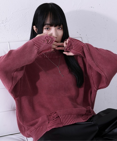 Ellno Loset(エルノロゼット)の「ダメージストーンウォッシュニット/フィンガーホール付き(ニット/セーター・メンズ・ブラック/ライトカーキ/レッド/ブルー系その他・SMALL/MEDIUM/LARGE)」の14枚目の写真