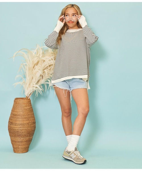 anap mimpi（アナップミンピ）の「細ボーダー ユッタリ 長袖 ニット トップス（ニット/セーター・レディース・ブルー/ブラック・FREE）」の5枚目の写真