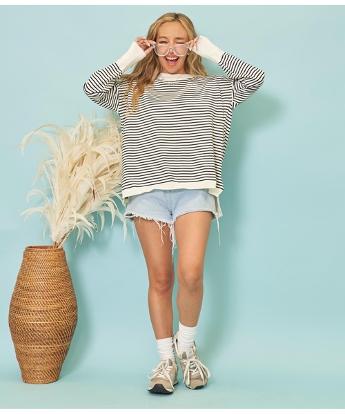 anap mimpi（アナップミンピ）の「細ボーダー ユッタリ 長袖 ニット トップス（ニット/セーター・レディース・ブルー/ブラック・FREE）」の7枚目の写真