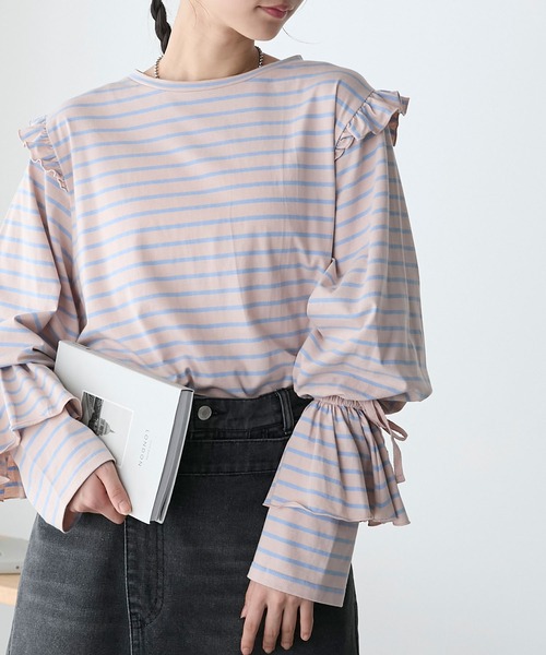 forksy.(フォルクシー)の「【forksy.】ボーダーボリュームスリーブフリルロンT(Tシャツ/カットソー・レディース・ホワイト系その他/ピンク系その他/ブラック系その他・FREE)」の3枚目の写真