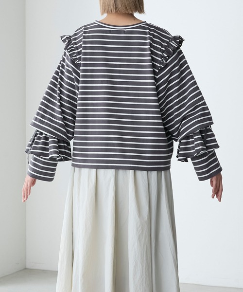 forksy.(フォルクシー)の「【forksy.】ボーダーボリュームスリーブフリルロンT(Tシャツ/カットソー・レディース・ホワイト系その他/ピンク系その他/ブラック系その他・FREE)」の8枚目の写真