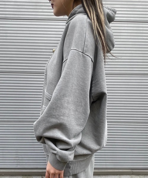 XU（エックスユー）の「ストリートファッション XU エックスユー set up design pigment hoodie フーディー パーカー ロゴパーカー オーバーサイズ ピグメント 長袖トップス 韓国ストリート 韓国ファッション（パーカー・メンズ・グレー/ダークグレー・ONE SIZE）」の6枚目の写真