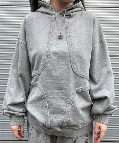 XU（エックスユー）の「ストリートファッション XU エックスユー set up design pigment hoodie フーディー パーカー ロゴパーカー オーバーサイズ ピグメント 長袖トップス 韓国ストリート 韓国ファッション（パーカー・メンズ・グレー/ダークグレー・ONE SIZE）」の5枚目の写真