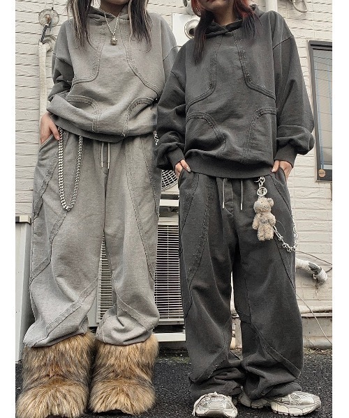 XU（エックスユー）の「ストリートファッション XU エックスユー set up design pigment hoodie フーディー パーカー ロゴパーカー オーバーサイズ ピグメント 長袖トップス 韓国ストリート 韓国ファッション（パーカー・メンズ・グレー/ダークグレー・ONE SIZE）」の4枚目の写真