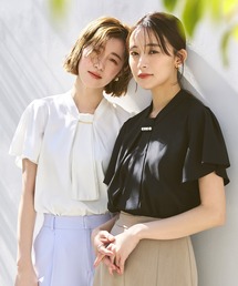RUIRUE BOUTIQUE（ルイルエブティック）の「洗える ストレッチ ｜ 選べるデザインフロントタックボウタイブラウス（半袖） ｜ 半袖 トップス 体型カバー  オフィスカジュアル 通勤服 華やか ボウタイ メタル パール ボリュームスリーブ ブラウス（シャツ/ブラウス・レディース）」