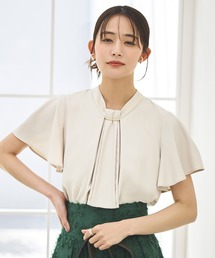 洗える ストレッチ | 選べるデザインフロントタックボウタイブラウス(半袖) | 半袖 トップス 体型カバー オフィスカジュアル 通勤服 華やか ボウタイ メタル パール ボリュームスリーブ ブラウス