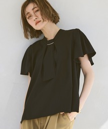 洗える ストレッチ | 選べるデザインフロントタックボウタイブラウス(半袖) | 半袖 トップス 体型カバー オフィスカジュアル 通勤服 華やか ボウタイ メタル パール ボリュームスリーブ ブラウス