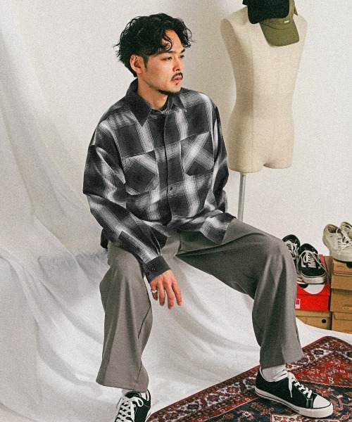 LUXSTYLE(ラグスタイル)の「オンブレチェック柄長袖シャツ(シャツ/ブラウス・メンズ・ブラック/ブラウン/ホワイト・M/L/XL)」の4枚目の写真