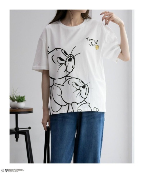 Tom&Jerry(トムアンドジェリー)の「TOM&JERRY トムとジェリー ビッグプリントTシャツ 綿100%(Tシャツ/カットソー・レディース・ブラック/ホワイト/オートミール・フリー)」の6枚目の写真