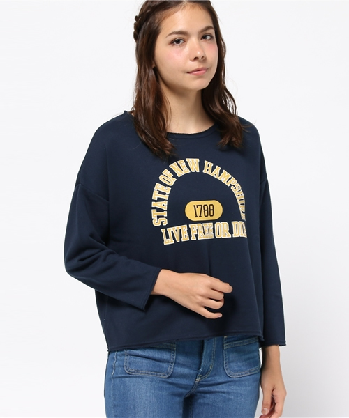 SEVENDAYS=SUNDAY(セブンデイズサンデイ)の「裏毛カットオフ カレッジプルオーバー(Tシャツ/カットソー・レディース・ネイビー/オフホワイト/杢グレー・MEDIUM/LARGE)」の3枚目の写真