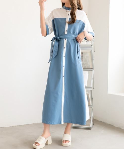 emi+(エミプラス)の「配色5分袖シャツワンピース ベルト付き(シャツワンピース・レディース・ブラック/チャコールグレー/ブルー・S/M/L)」の19枚目の写真