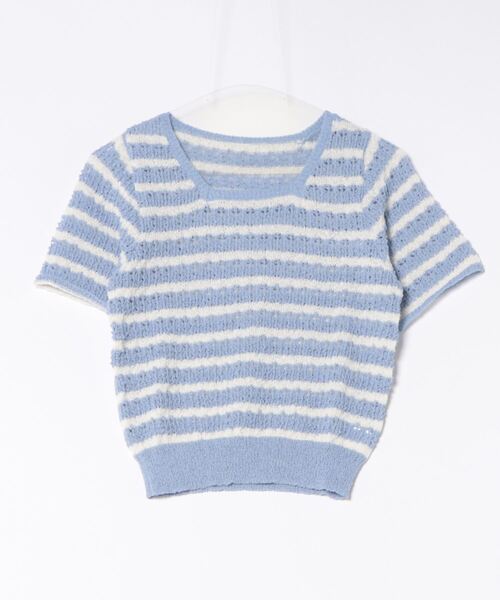 透かし編み半袖ボーダーニット（ニット/セーター）｜TRIANGLE