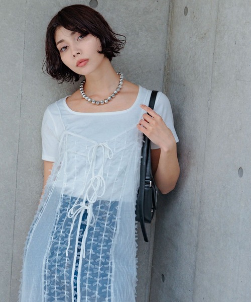 PAGEBOY（ページボーイ）の「チュールリボンキャミワンピース（ワンピース・レディース・ブラック/オフホワイト・FREE）」の6枚目の写真