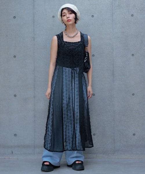 PAGEBOY（ページボーイ）の「チュールリボンキャミワンピース（ワンピース・レディース・ブラック/オフホワイト・FREE）」の9枚目の写真