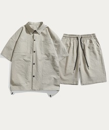 【Cloudstyle】ビッグシルエット 半袖シャツ & ショートパンツ / スウェット セットアップ/ ルーズシルエット 半袖オープンカラーポケットシャツ & ハーフパンツ 上下セットアップ/ トップス