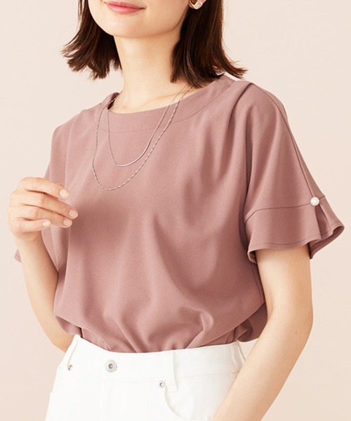 BELLUNA PLUS（ベルーナ）の「ジョーゼット素材袖パールブラウス（シャツ/ブラウス・レディース・ブルーグリーン/グレイッシュベージュ/ピンク/ネイビー・MEDIUM/LARGE/X-LARGE）」の4枚目の写真