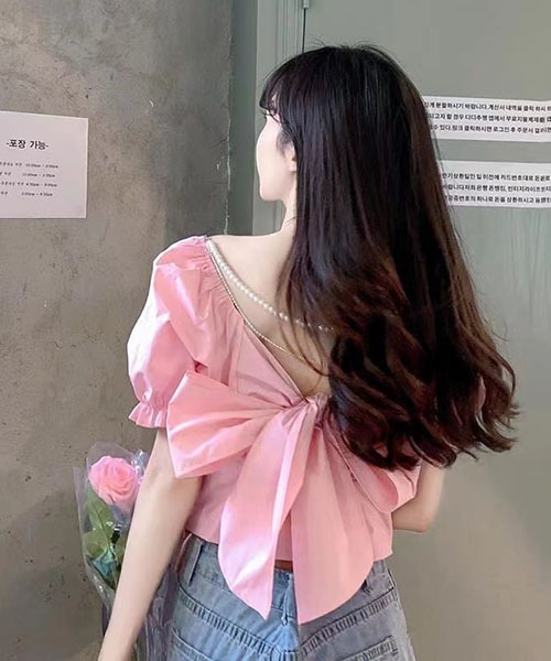 gossip!ロサンゼルス(ゴシップロサンゼルス)の「バックリボン パフスリーブショートTシャツ クロップドトップス(Tシャツ/カットソー・レディース・ホワイト/ピンク/サックスブルー・FREE)」の9枚目の写真