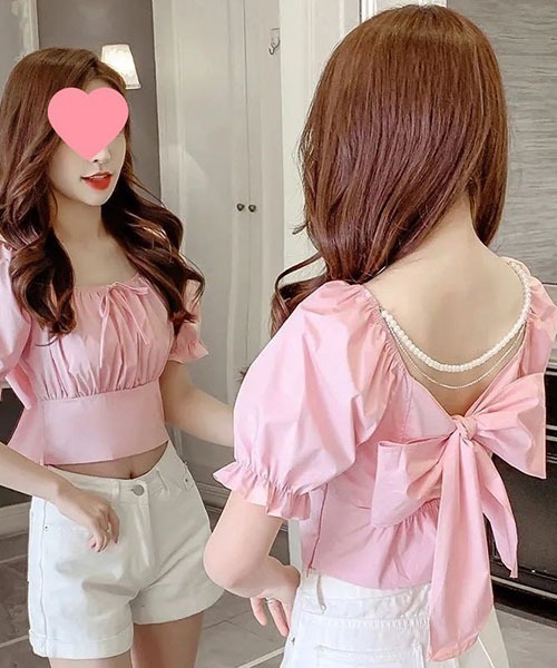 gossip!ロサンゼルス(ゴシップロサンゼルス)の「バックリボン パフスリーブショートTシャツ クロップドトップス(Tシャツ/カットソー・レディース・ホワイト/ピンク/サックスブルー・FREE)」の13枚目の写真