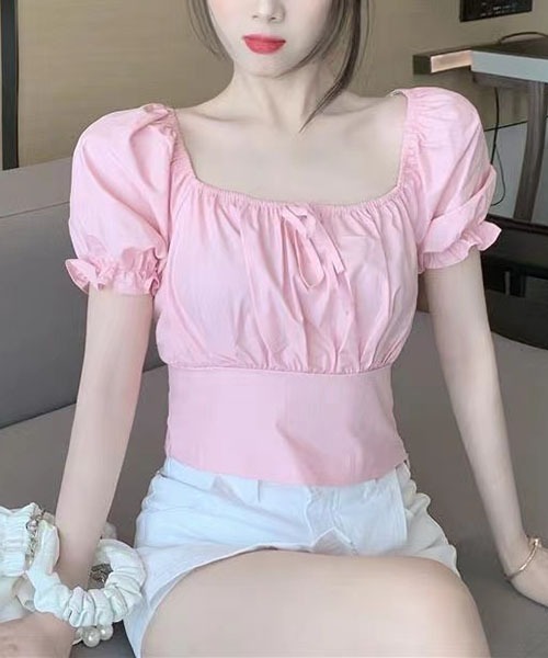 gossip!ロサンゼルス(ゴシップロサンゼルス)の「バックリボン パフスリーブショートTシャツ クロップドトップス(Tシャツ/カットソー・レディース・ホワイト/ピンク/サックスブルー・FREE)」の14枚目の写真