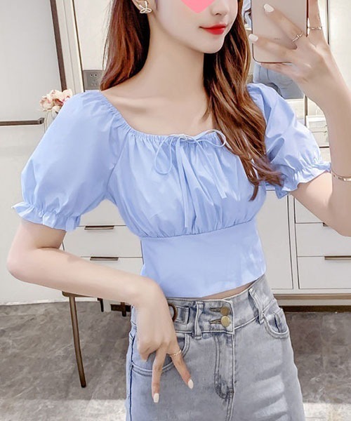 gossip!ロサンゼルス(ゴシップロサンゼルス)の「バックリボン パフスリーブショートTシャツ クロップドトップス(Tシャツ/カットソー・レディース・ホワイト/ピンク/サックスブルー・FREE)」の15枚目の写真
