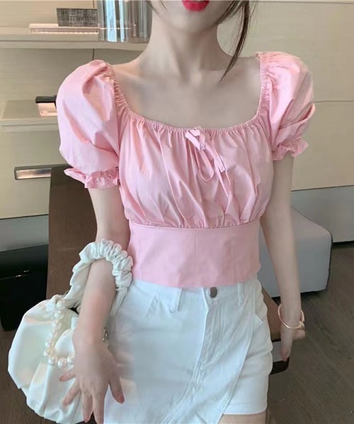 gossip!ロサンゼルス(ゴシップロサンゼルス)の「バックリボン パフスリーブショートTシャツ クロップドトップス(Tシャツ/カットソー・レディース・ホワイト/ピンク/サックスブルー・FREE)」の6枚目の写真