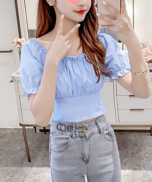 gossip!ロサンゼルス(ゴシップロサンゼルス)の「バックリボン パフスリーブショートTシャツ クロップドトップス(Tシャツ/カットソー・レディース・ホワイト/ピンク/サックスブルー・FREE)」の18枚目の写真