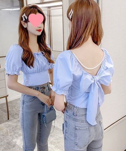 gossip!ロサンゼルス(ゴシップロサンゼルス)の「バックリボン パフスリーブショートTシャツ クロップドトップス(Tシャツ/カットソー・レディース・ホワイト/ピンク/サックスブルー・FREE)」の19枚目の写真