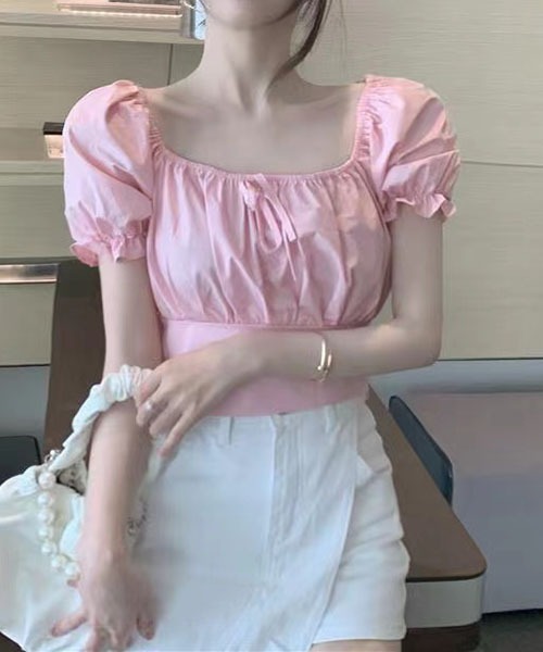 gossip!ロサンゼルス(ゴシップロサンゼルス)の「バックリボン パフスリーブショートTシャツ クロップドトップス(Tシャツ/カットソー・レディース・ホワイト/ピンク/サックスブルー・FREE)」の12枚目の写真
