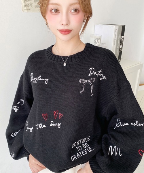 美品カシミア10% 刺繍テーラーメイド　セーター セール】落書き刺繍ニットプルオーバー（ニット/セーター