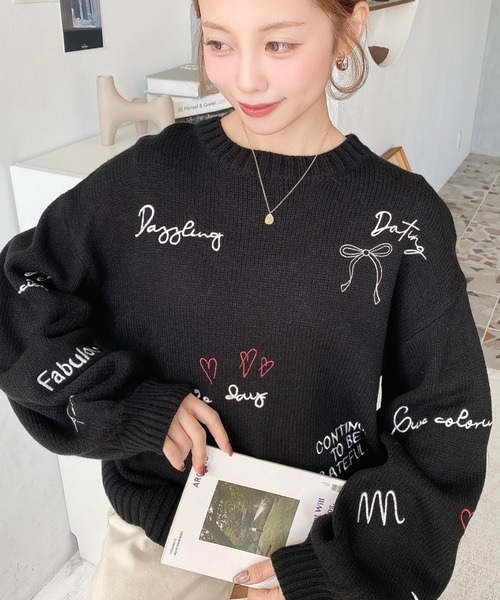 セール】落書き刺繍ニットプルオーバー（ニット/セーター）｜moment+