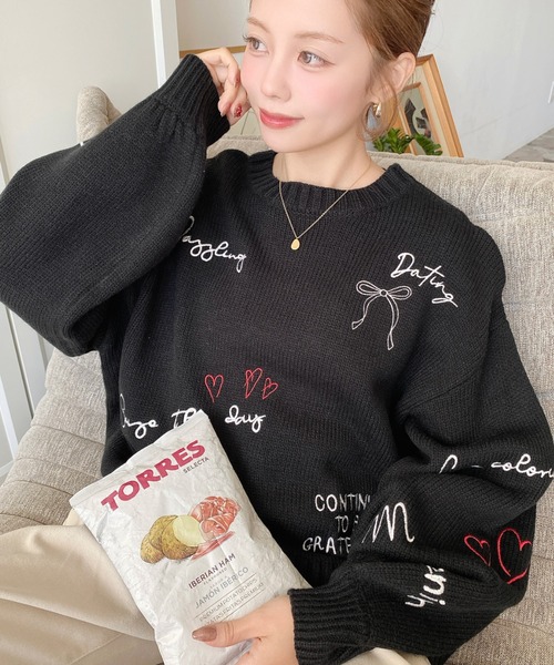 セール】落書き刺繍ニットプルオーバー（ニット/セーター）｜moment+