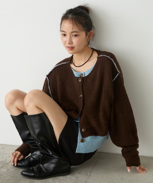 forksy.(フォルクシー)の「【forksy.】ミックス起毛レイヤード配色ショートニットカーディガン(カーディガン/ボレロ・レディース・アイボリー系/オリーブ系/ブラック系/ブルー系/ライトグレー系/ダークブラウン系/グレー系・FREE)」の4枚目の写真